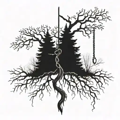 A  thin tree with root, noose hanging from branch representing a different family tattoo design idea