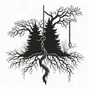 A  thin tree with root, noose hanging from branch representing a different family tattoo design idea
