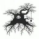 A  thin tree with root, noose hanging from branch representing a different family tattoo design idea