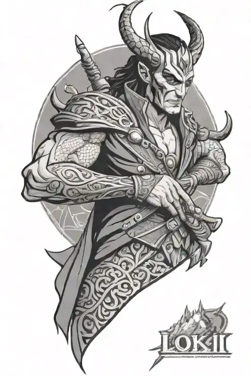 A black-grey tattoo of Loki disguised as a businessman, with Mount Olympus in the background symbolizing his divine origins tattoo design idea