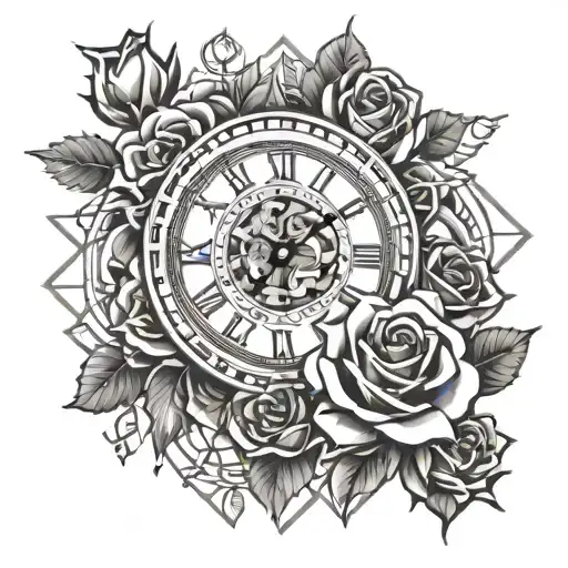 clock and roses tattoo design idea