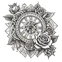 clock and roses tattoo design idea