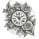clock and roses tattoo design idea