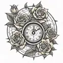 clock and roses tattoo design idea