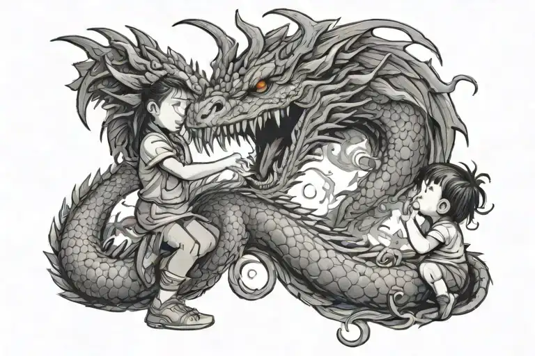 small girl is controlling big dragon breathing fire tattoo design idea