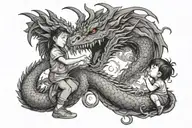 small girl is controlling big dragon breathing fire tattoo design idea