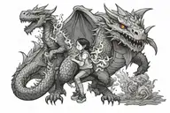 small girl is controlling big dragon breathing fire tattoo design idea