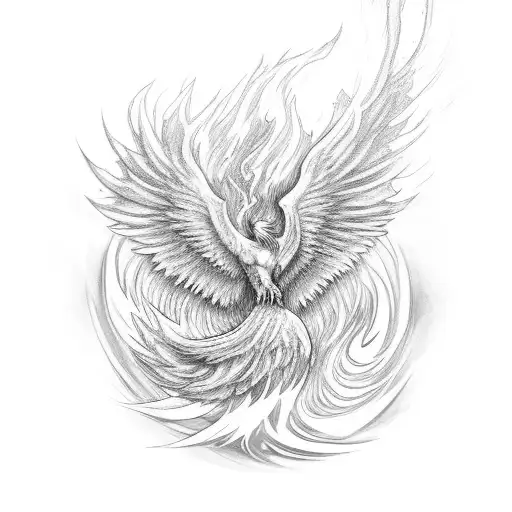 A majestic phoenix rising from the flames, with water flowing beneath it tattoo design idea