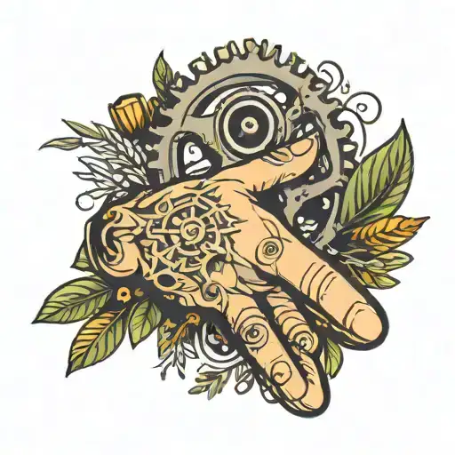 outstretched hand, cogwheel and olive branch tattoo design idea