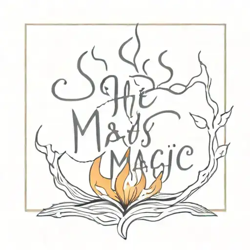Quote that says "she's mad but she's magic" and a drawing of a flame in a minimalistic and feminine style tattoo design idea
