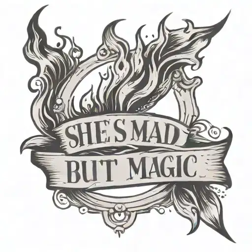 Quote that says "she's mad but she's magic" and a drawing of a flame in a minimalistic and feminine style tattoo design idea