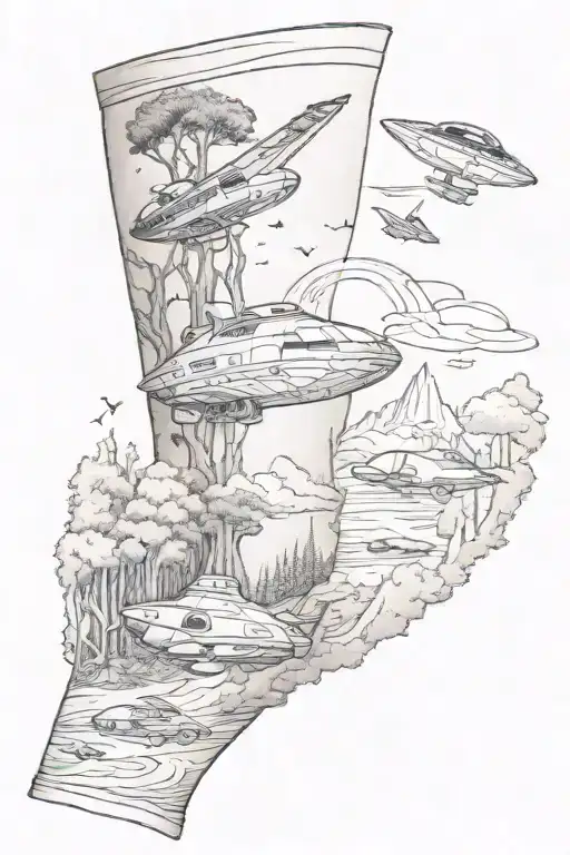 arm sleeve with a forrest setting with Star Trek voyager ship flying in the sky and turtles mixed in tattoo design idea