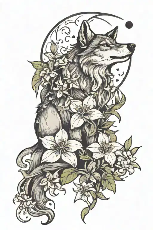 lillies, violets, big moon, aries, aquarias, pices constelations, wolf howling at the moon tattoo design idea