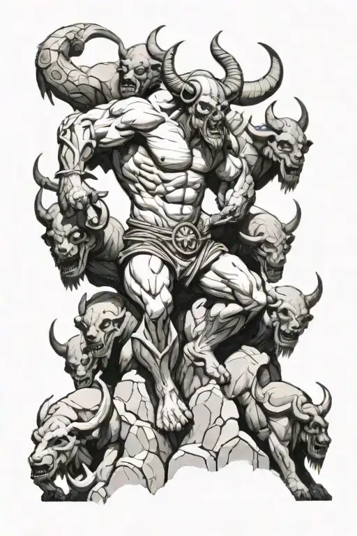 Minotaur standing on pile of skulls tattoo design idea