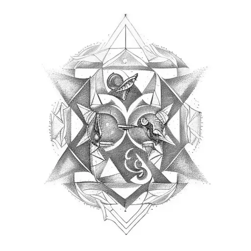 A tattoo design combining the symbols of the astrological signs of Gemini and Taurus with a geometric pattern tattoo design idea