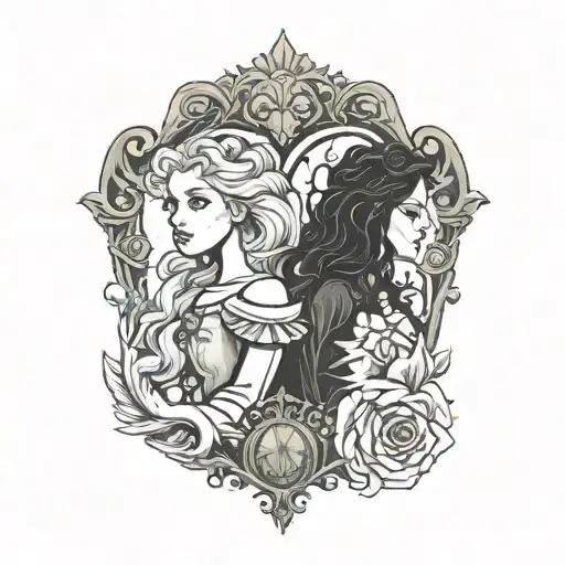 Princess Aurora and Bellatrix Lestrange standing back to back together  tattoo design idea