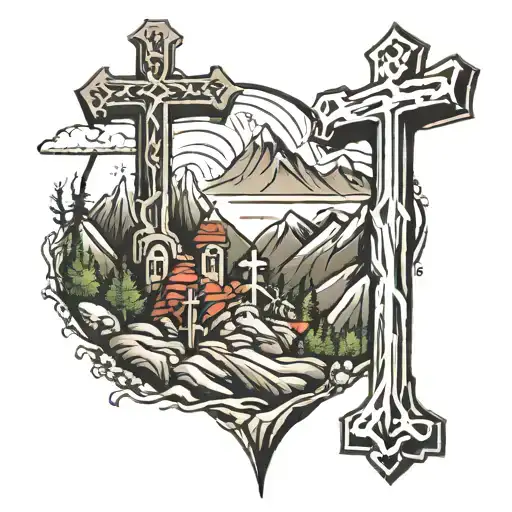 crosses on mountains tattoo design idea
