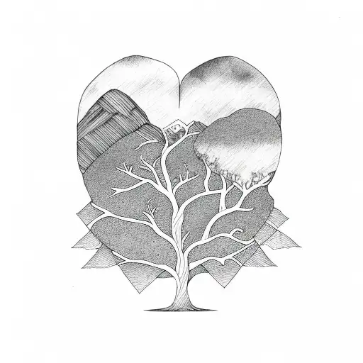 heart tree mountains tattoo design idea