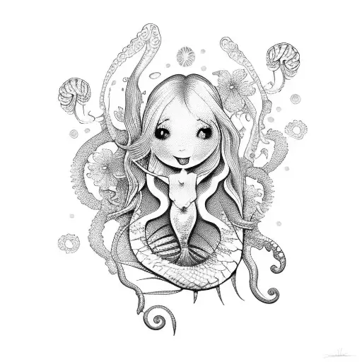 mermaid and jelly fish with flowers tattoo design idea