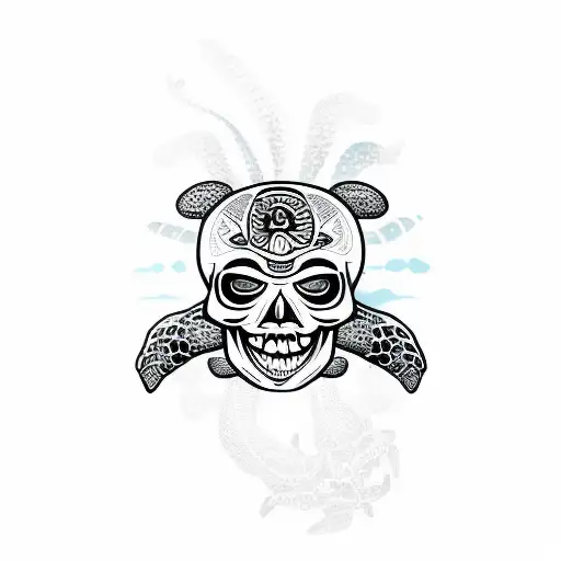 sea turtle with tiki mask skull for shell tattoo design idea