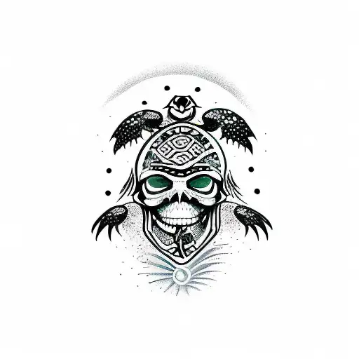 sea turtle with tiki mask skull for shell tattoo design idea