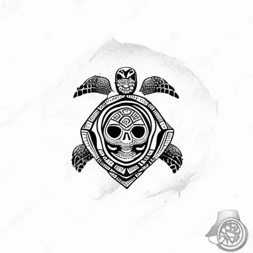 sea turtle with tiki mask skull for shell tattoo design idea