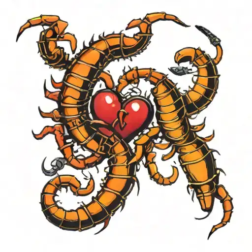 two fighting scorpions with heart tails twist together tattoo design idea
