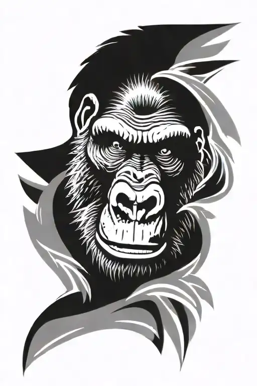 face of raging gorilla with mouth wide open, staring in front. black and grey. shades tattoo design idea