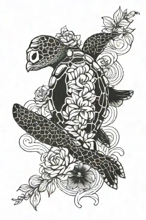 Black and grey tattoo of sea turtle with flowers and waves tattoo design idea