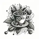 A geometric tattoo design featuring symbols of esports and coffee beans, representing the client's passion for both interests tattoo design idea