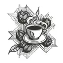 A geometric tattoo design featuring symbols of esports and coffee beans, representing the client's passion for both interests tattoo design idea