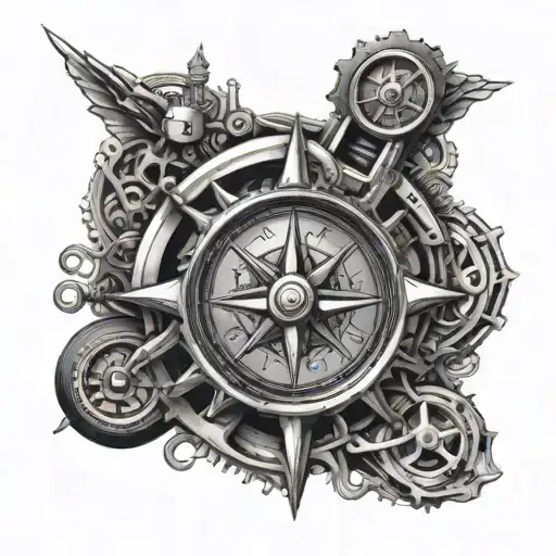 A heart-shaped compass surrounded by intricate motorcycle parts, symbolizing your passion for traveling the world on a motorcycle and finding your way through life tattoo design idea