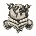 Two intertwined hands holding a globe, symbolizing friendship and world unity, with a subtle nod to your love for traveling the world on a motorcycle tattoo design idea