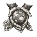 Two intertwined hands holding a globe, symbolizing friendship and world unity, with a subtle nod to your love for traveling the world on a motorcycle tattoo design idea