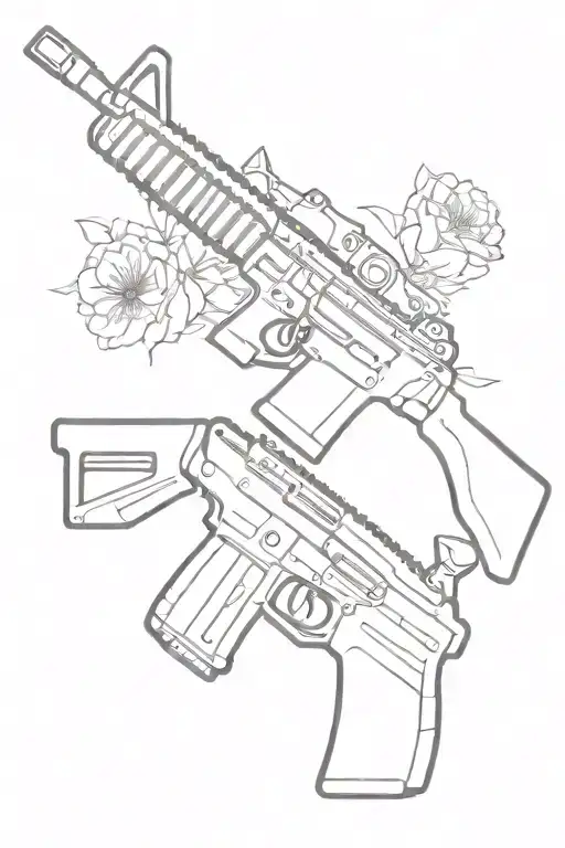 Spinal tattoo line art drawing of a AR15 rifle with flower coming out of the barrel tattoo design idea