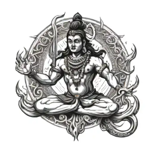 A black-grey tattoo of Lord Shiva in his cosmic dance pose, surrounded by flames tattoo design idea