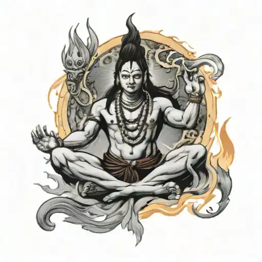 A black-grey tattoo of Lord Shiva in his cosmic dance pose, surrounded by flames tattoo design idea