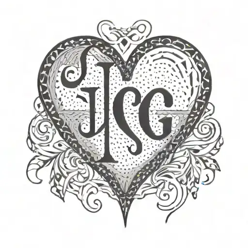 A dotwork tattoo of a geometric heart design incorporating the letters J G tattoo design idea