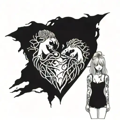 A broken heart with a small sister figure holding it together, symbolizing the ups and downs of family relationships tattoo design idea