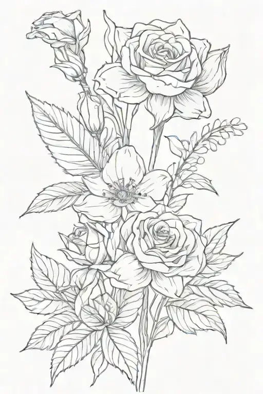 birth flowers with names in stem bouquet rose and daffodil  ( Hugo and Angelica )  tattoo design idea