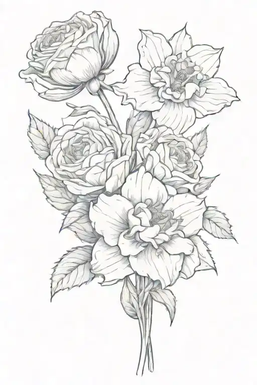 birth flowers with names in stem bouquet rose and daffodil  Hugo and Angelica   tattoo design idea