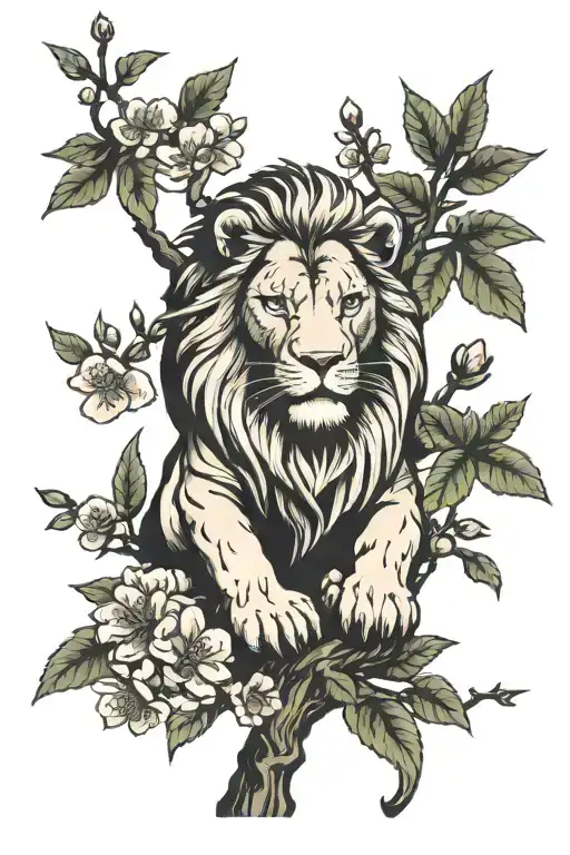 lion cherry blossom tree tattoo design idea
