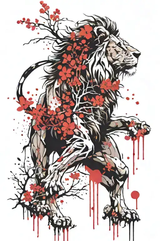 lion cherry blossom tree tattoo design idea