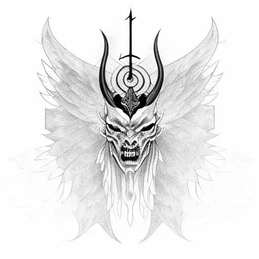 A demon with black and golden horn, and on top of his head a holy halo and two black wings  tattoo design idea