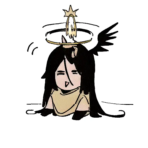 A demon with black and golden horn, and on top of his head a holy halo and two black wings  tattoo design idea