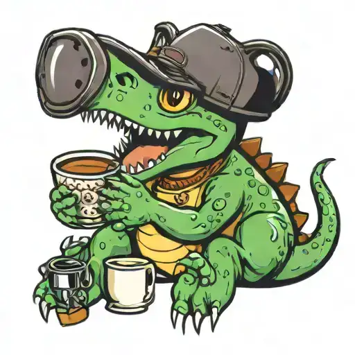 cute dinosaur drinking coffee tattoo design idea