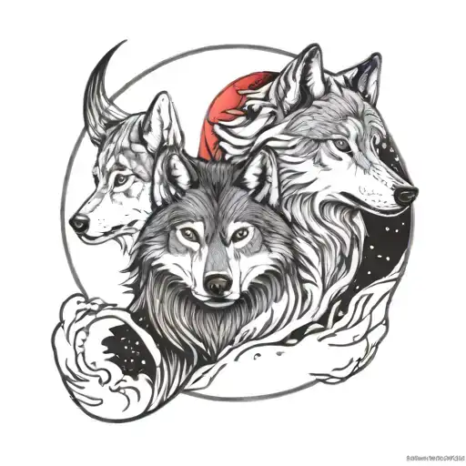 1 wolf with black and red fur following the moon , and 1 wolf with white and gold fur following the sun  tattoo design idea