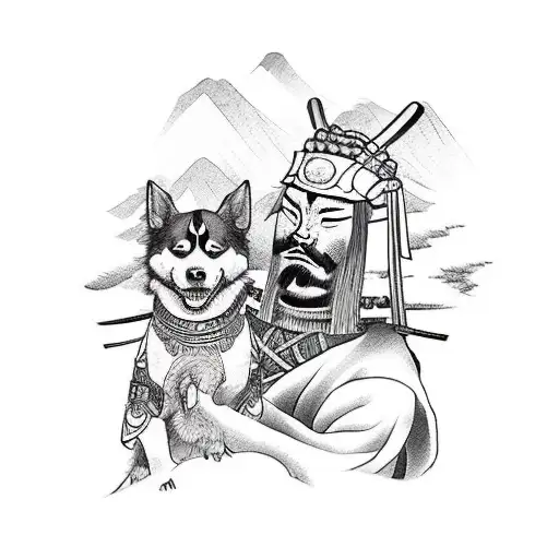 A fierce samurai warrior hiking up a mountain trail with a loyal dog by his side tattoo design idea