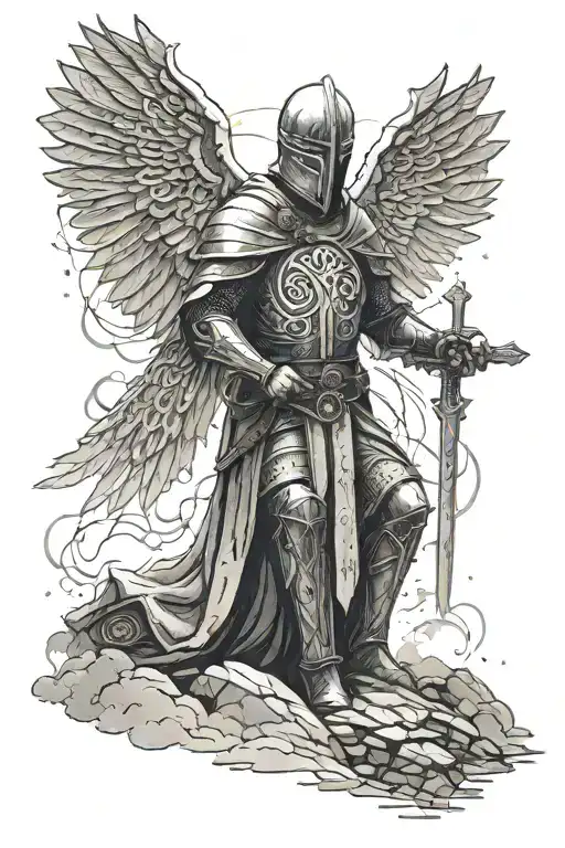 Knight Templar, Kneeling befor large Celtic cross, Cloudy sky with rays of light shining down, glow, god rays, ethereal tattoo design idea