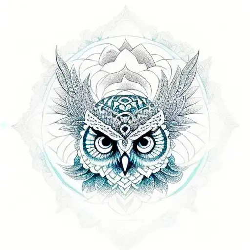 An intricate mandala design incorporating hiking gear and an owl in the center tattoo design idea